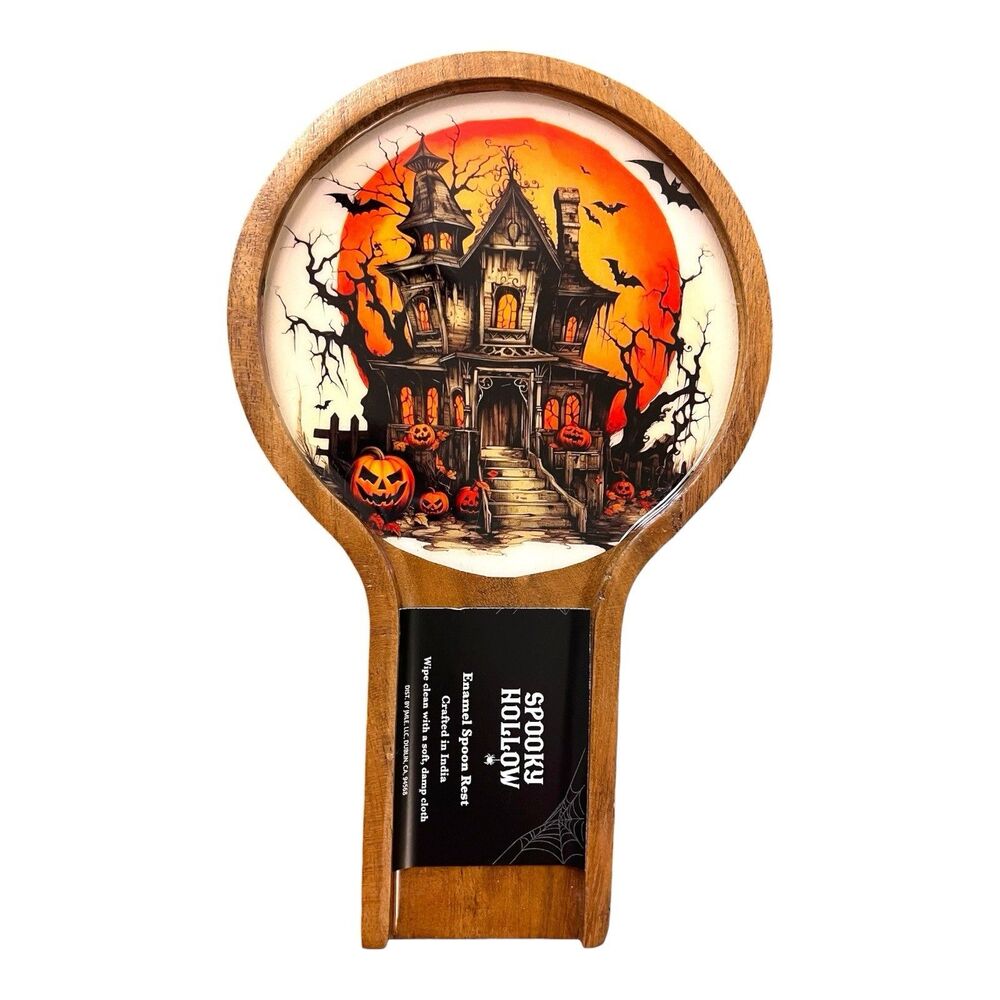 Spooky Hollow Halloween Enamel And Wood Haunted Mansion Spoon Rest Food Safe